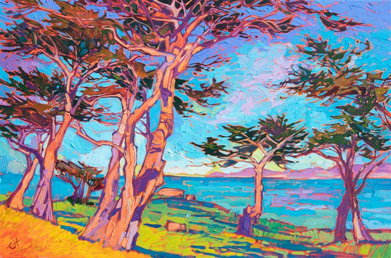 The iconic cypress trees of the Monterey Peninsula capture the multi-colored light of dawn, their papery-white bark the perfect canvas for the dawning light. The cool green grasses cradle the long aqua shadows cast by the cypress trees.</p><p>"Monterey" was created on 1-1/2" canvas, with the painting continued around the edges. The brush strokes are thick and impressionistic, capturing the movement of the trees. The painting arrives framed in a 23kt gold floater frame.</p><p><a href="https://www.erinhanson.com/Testimonials" target="_blank">Read feedback</a> from Erin Hanson's collectors.