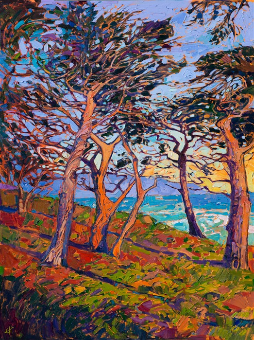 The 17-mile drive is amazing to drive in the early morning, watching the warm dawn light sparkling on the myriad cypress trees.  This painting captures the emotional quality of Pebble Beach with vibrant color and expressive brush strokes that are alive with texture and motion.</p><p>This painting was done on 1-1/2" deep canvas, with the painting continued around the edges.  The painting has been framed in a gold floater frame.