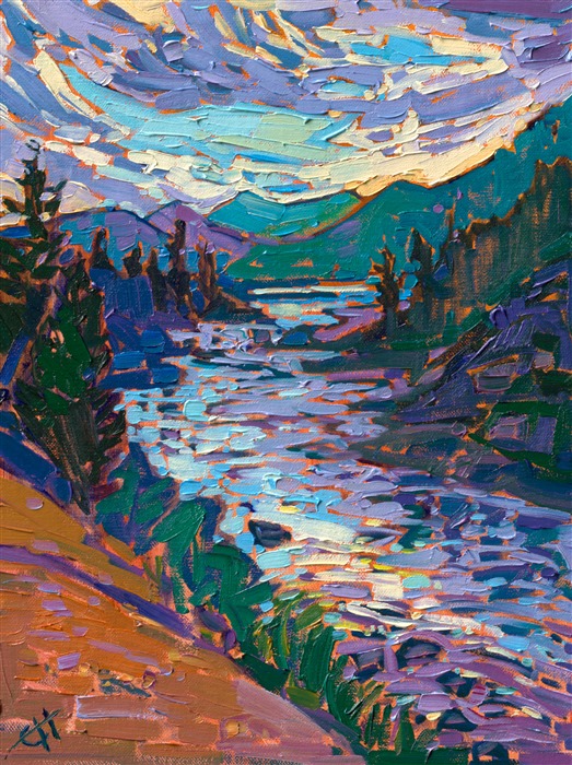 Rich colors of blue, green, and purple capture the majesty of western Montana in this petite canvas. The loose, painterly brush strokes add texture and dimension to the painting.</p><p>"Mountain River" was painted on 1/8" linen board. The piece arrives framed in a gold plein air frame.