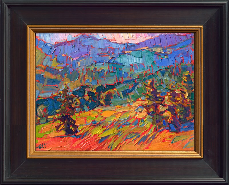 This petite painting captures the wide expanse of a northwestern mountain range with few brush strokes and impressionistic pops of color. The summer golds and mountain blues are a beautiful contrast.</p><p>"Northern Range" is an original oil painting on linen board, measuring 9x12 inches. The painting arrives framed in a closed corner, plein air frame, ready to hang.