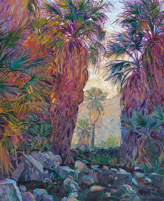This painting was inspired by the Indian Canyon palm oasis near Palm Springs, California. The cool waters of the oasis are surrounded by lush ferns and palm trees, a stark contrast to the dry desert mountains only a hundred yards away. This painting captures the feeling of standing near the oasis, enjoying the cool, shaded vista.</p><p>"Oasis Palms" was created on 1-1/2" canvas, with the painting continued around the edges of the canvas. The piece has been framed in a custom gold floating frame.