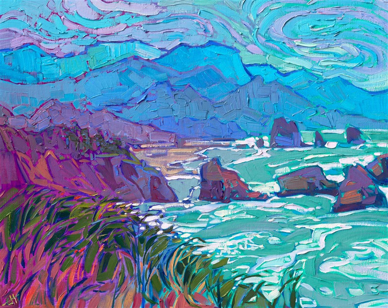 Swirls of color above the rolling mountains of Oregon's coastline are captured in thick, expressive brush strokes. This impressionist painting is alive with movement and impasto paint. This painting was inspired by the headlands above Cannon Beach.</p><p>"Oregon Coast" is a petite original oil painting on linen board, framed in a classic plein air frame, ready to hang.