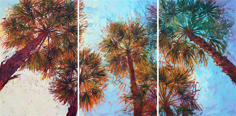 Looking up into these palm fronds in La Quinta, California inspired this colorful triptych painting.  Each panel captures the movement and texture of the palms, while the changing light reflects different colors through the fronds.  The brush strokes are thick and impressionistic, creating a mosaic of color and texture across the canvas.</p><p>This painting was created on three gallery-depth canvases, with the painting continued around the edges of the canvas, creating a modern three-dimensional effect. Each panel measures 34" wide x 51" tall x 2" deep. You may space the three panels about 2-3 inches apart on your wall.  This painting arrives unframed, ready to hang.</p><p>