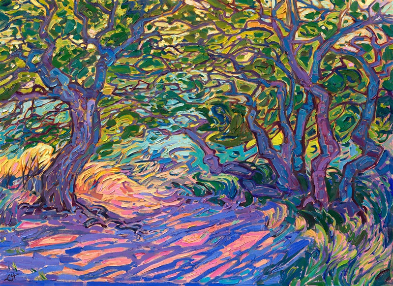 The wind pushes through the branches of these overhanging oak trees, creating a cool arbor beneath the boughs. Dappled light plays along the soft ground, creating ripples of color beneath your feet. The brush strokes are thick and impressionistic, creating a mosaic of color and texture across the canvas.</p><p>"Path in the Trees" was created on 1-1/2" deep canvas. The original work arrives framed in a contemporary gold floater frame, ready to hang. 