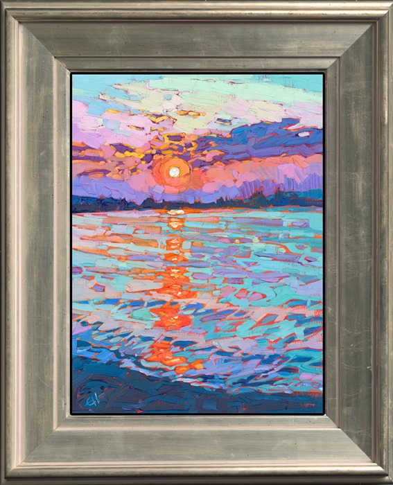 Sunset-drenched reflections move through the coastal waters in this impressionist oil painting. The brushstrokes are alive with color and movement, capturing this fleeting moment of beauty forever on canvas.</p><p>"Reflected Light" is an original oil painting done on linen board. The petite painting arrives framed in a burnished silver frame, ready to hang.</p><p>This painting will be displayed at Erin Hanson's annual <a href="https://www.erinhanson.com/Event/ErinHansonSmallWorks2022" target=_"blank"><i>Petite Show</a></i> on November 19th, 2022, at The Erin Hanson Gallery in McMinnville, OR.