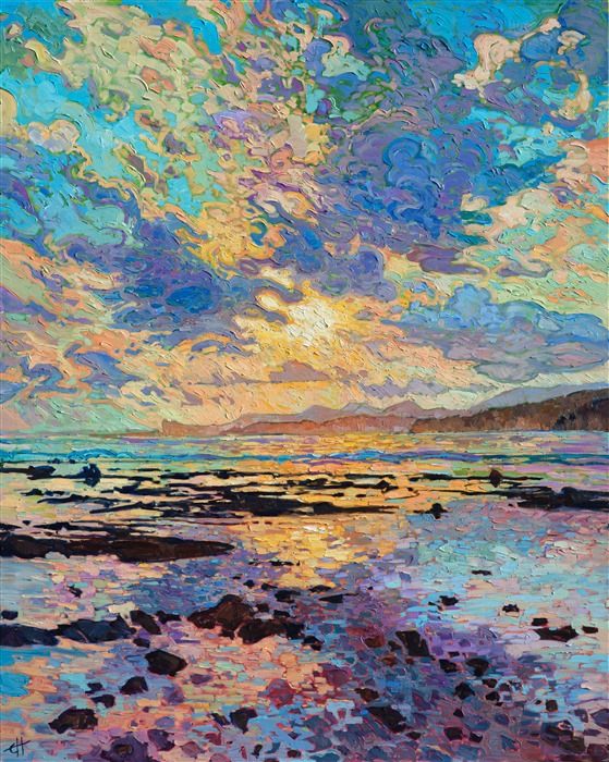 Loose brush strokes and vivid color capture this ocean vista. The impressionistic motion of the painting brings the vivid colors of the outdoors to life.</p><p>This painting was done on 1-1/2" canvas, with the painting continued around the edges of the canvas, and it has been framed in a custom frame.