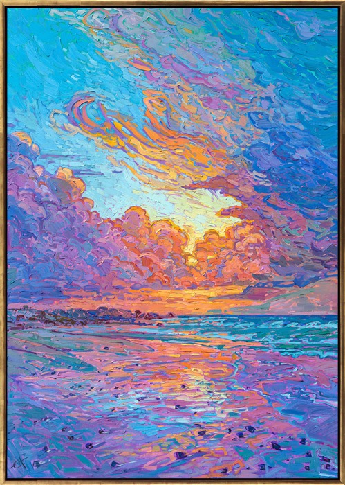 Rich hues of sunset reflect off the wet sand in this painting of Monterey, on the California coast. The impasto brush strokes are loose and expressive, capturing the vivacity and movement of the scene. In her style of Open Impressionism, Erin Hanson tries to not overlap her brush strokes when painting, getting each stroke right the first time without blending. This gives her impressionist paintings of sunsets and coastlines a bright and painterly feel, without any muddy colors.</p><p>The piece will be displayed at Erin Hanson's solo museum show <i><a href="https://www.erinhanson.com/Event/AlchemistofColor" target="_blank">Erin Hanson: Alchemist of Color</i></a> at the Channel Islands Maritime Museum in Oxnard, California. You may purchase this painting now, but the piece will not be delivered until after the show ends on December 28th, 2023.</p><p>"Reflections of Color" is an original oil painting on stretched canvas. The piece arrives framed in a contemporary gold floater frame finished in 23kt gold leaf.