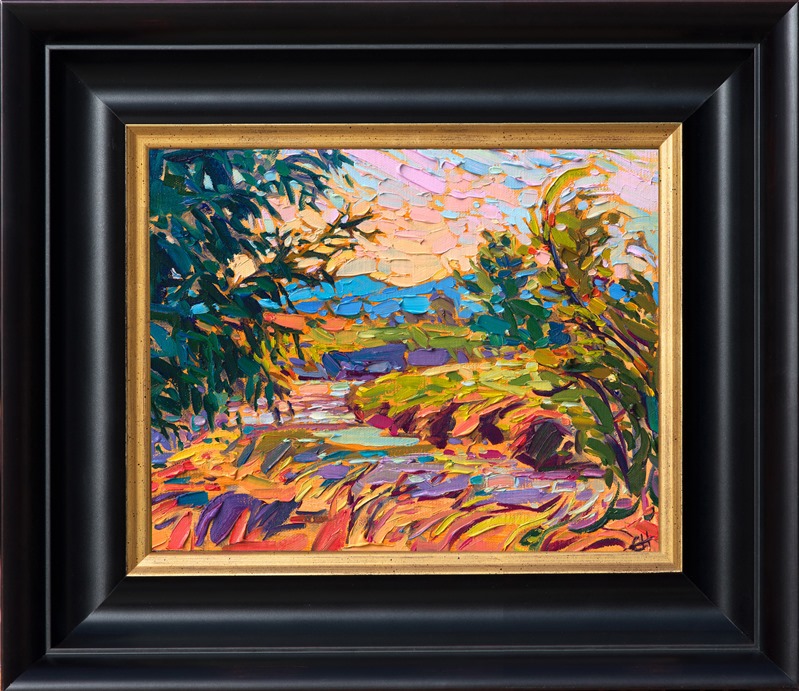 A winding creek in Oregon's lush wine valley glints with reflected light in the late summer sun. The brush strokes in this petite oil painting are loose and expressive, capturing the peace and movement of the scene.</p><p>"River Bend" is an original oil painting created on fine linen board. The piece arrives framed in a plein air frame, ready to hang.