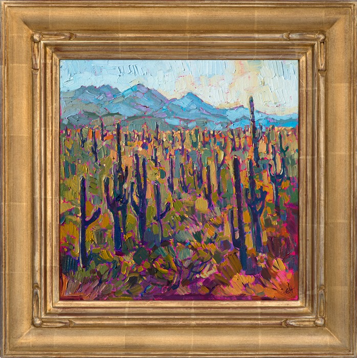 The Saguaro forests of Arizona are a beautiful sight to behold.  The stately cacti stretch far into the distance, running up the sides of distant buttes.  This painting has lively and expressive brush strokes, full of color and texture.</p><p>This painting was done on 3/4" stretched canvas, and it has been framed in a classic plein-air frame. It arrives wired and ready to hang.