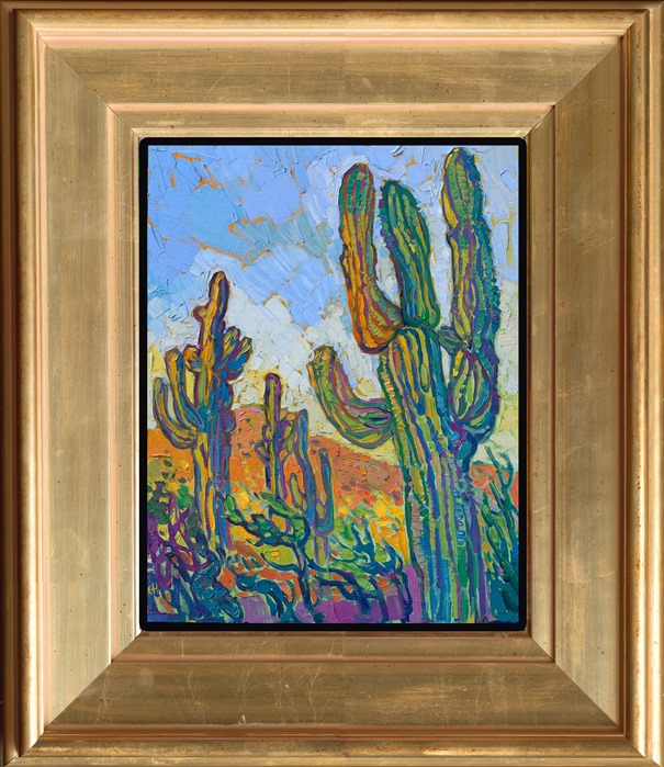 A group of stately saguaro cacti glow in the late afternoon light of Arizona's desert. The brushstrokes are loose and expressive, capturing the changing color and transient light just before dusk.</p><p>"Saguaro Glow" is an original oil painting on linen board. This piece arrives framed in a custom-made plein air frame (mock floater style, so the edges are uncovered). This painting will be displayed at The Erin Hanson Gallery in McMinnville as part of her annual Petite Show.