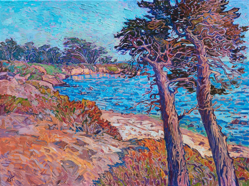 The stately cypress trees of the Monterey peninsula are a beautiful addition to the curving coastline and blue California skies. These wind-sculpted trees are captured here with thick, impressionistic brush strokes and vivid hues of oil paint.</p><p>This painting was created on 1-1/2" canvas, with the painting continued around the edges of the canvas. The piece has been framed in a gold floater frame and arrives ready to hang.