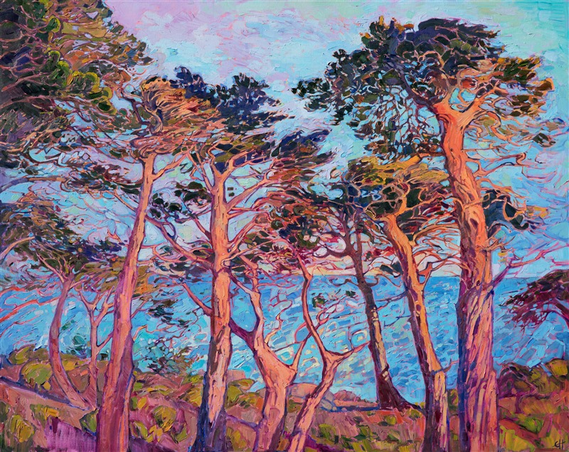 The Seventeen Mile Drive in Pebble Beach is surrounded by epic cypress trees that form abstract, windswept formations that are a joy to capture on canvas. The warm colors of early dawn illuminate the twisting branches, creating a beautiful contrast against the cool ocean blues.</p><p>This painting has been framed in a hand-gilded, carved floater frame that was designed to complement the colors in this painting. It will arrive wired and ready to hang.</p><p>