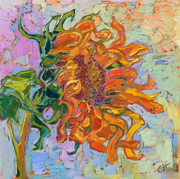 A single sunflower bloom glints in the sun, the 24kt gold leaf application on the underpainting adding a subtle gleam to the painting. The lush, impressionistic brush strokes add dimension and character to the piece.</p><p>"Sunflower Bloom" is an original oil painting done on linen and 24kt gold leaf. The painting arrives framed in a custom-made, gold plein air frame, ready to hang.<br/>