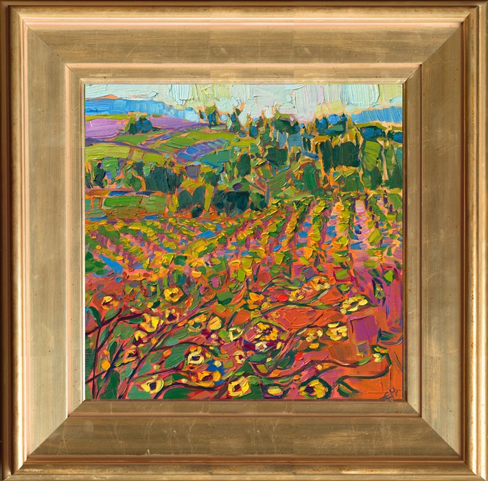 Rolling hills of grapevines are bordered by lush evergreens in this oil painting of the Oregon countryside. The warm colors of early summer are captured with thick, impressionistic brush strokes.</p><p>"Sunflower Vines" is an original oil painting created on linen board. The piece arrives framed in a wide, plein air-style frame.<br/>
