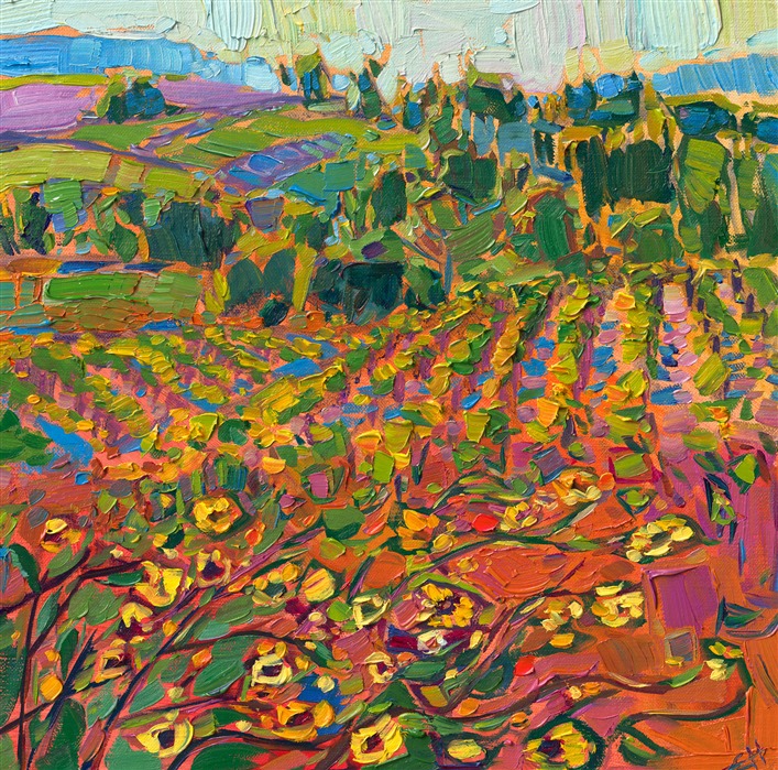 Rolling hills of grapevines are bordered by lush evergreens in this oil painting of the Oregon countryside. The warm colors of early summer are captured with thick, impressionistic brush strokes.</p><p>"Sunflower Vines" is an original oil painting created on linen board. The piece arrives framed in a wide, plein air-style frame.<br/>