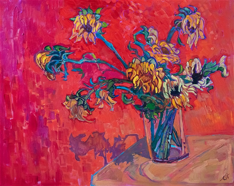 A glass bowl of sunflowers catches the light in this Van Gogh-inspired oil painting. The brisk red backdrop acts as the perfect contrast to the brilliant colors of the stems and flowers.</p><p>"Sunflowers on Red II" was created on 1-1/2" canvas. The piece arrives framed in a contemporary gold floater frame, ready to hang.