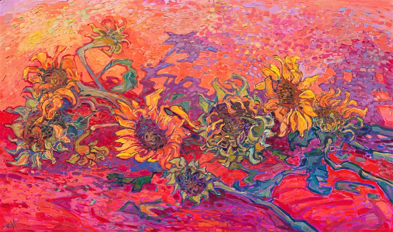 Fresh, farm-picked sunflowers lay on a red cloth background, their richly colored flower heads and leaves creating an interlacing, abstract pattern. The thick, impressionistic brush strokes keep the eye moving throughout the painting, so you see something new every time you look at the piece.</p><p>"Tumble of Sunflowers" is an original oil painting created in Hanson's signature Open Impresisonism style. The thickly applied brushstrokes create a mosaic of color and texture across the canvas. The piece arrives framed in a contemporary gold floater frame, ready to hang.