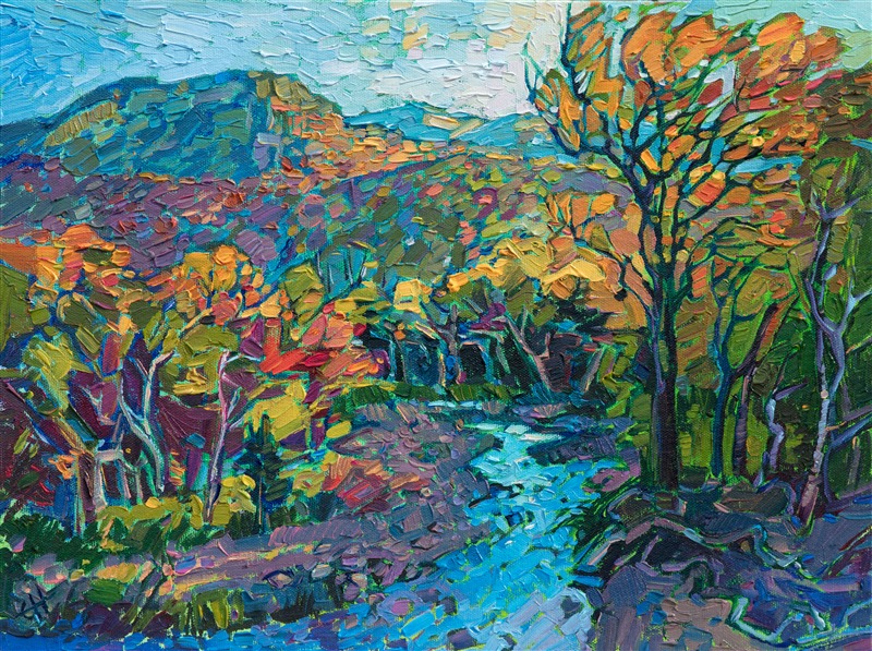 I got to explore the White Mountains for the first time this past autumn.  This painting captures the soft morning light striking the colorful leaves, a beautiful contrast against the distant blue shadows of the mountains.  The impressionistic brush strokes create intricate patterns within the painting and give a sense of motion and fluidity to the piece.</p><p>This painting was created on canvas board, and it will be framed in a plein air frame.