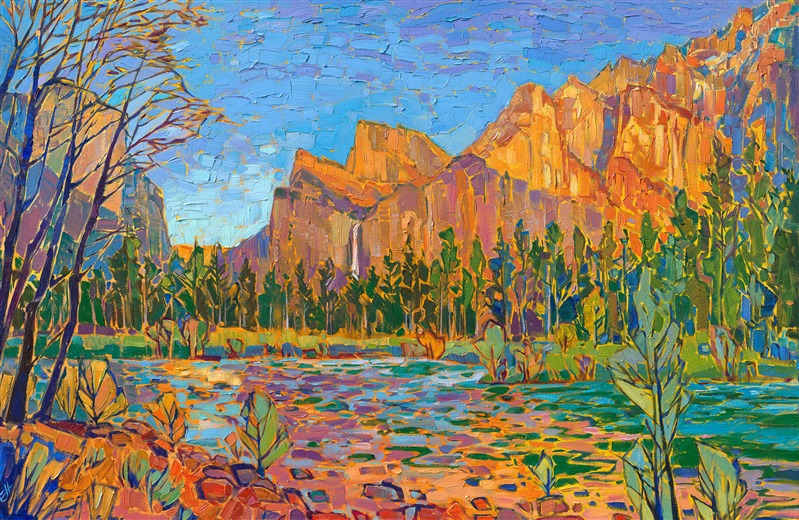 Fiery light blazes on the cliffs of Yosemite. The painting communicates the quiet surroundings and magical light you can experience in the Sierras. Each brush stroke is boldly applied with a painterly hand.</p><p>"Yosemite Color" was created on 1-1/2" canvas, with the painting continued around the edges. The piece has been framed in a simple gold floater frame.