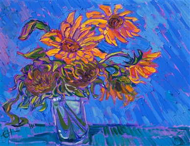 A glass of sunflowers bursts with the colors of summer in this petite oil painting. Long, loose brush strokes capture the impressionistic color and bring a breath of fresh air into the room.

The piece will be displayed at Erin Hanson's solo museum show <i><a href="https://www.erinhanson.com/Event/AlchemistofColor" target="_blank">Erin Hanson: Alchemist of Color</i></a> at the Channel Islands Maritime Museum in Oxnard, California. You may purchase this painting now, but the piece will not be delivered until after the show ends on December 28th, 2023.

"Blooms on Blue II" is an original oil painting on linen board, by Erin Hanson. The piece arrives in a mock floater frame, framed in a classic black and gold plein air frame. 