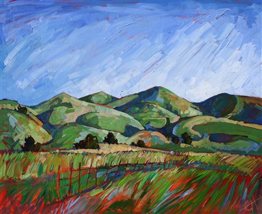 Warm, red undertones stand in contrast to the rich greens of this Paso Robles landscape. This expressionist painting captures the movement and unexpected color of the wide outdoors.

This painting was created on 2"-deep canvas, with the painting continued around the edges of the stretched canvas. It arrives ready to hang without a frame. 

Collection of The Allegretto Vineyard Resort, Paso Robles, CA. 2015.