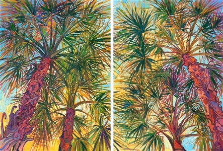 This painting of looking up into a grove of palm trees captures the feeling of being in Palm Springs, surrounded by the warm California desert. This painting is alive with impasto texture, and the brush strokes come together to form a mosaic of light and color, like stained glass.

"Palm Fronds" is an original oil painting diptych, created on two canvases that are 1-1/2" deep. The painting is continued around the edges of the canvas for a wrap-around look. The painting is designed to hang unframed, with 2" of space between the canvases. (So the total length when hung would be 58".)
