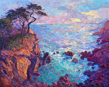 Glittering afternoon light sparkles across this vista of Lone Cypress. The thick brush strokes catch the light and create a sense of movement throughout the painting, while still capturing the peace and quietude of the view.

This painting was created on gallery-depth canvas, with the painting wrapped around the sides.  The painting is framed in a beautiful complimentary hardwood floater frame.