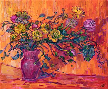A medley of color tumbles from the vase in this impressionist still life painting. The brush strokes are lively and full of motion, capturing the beauty of the peonies and ranunculus blooms.

This painting was created on linen board and arrives framed in a gold frame.