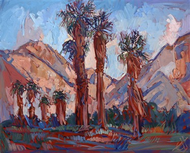 Wind rushes through these monumental palm trees standing sentry at Borrego Springs, California. The oil paint is applied in thick, loose brush strokes.

This painting was created on museum-depth canvas, with the painting continued around the edges of the stretched canvas. It arrives ready to hang without a frame. (Please contact the artist if you would like information on framing options for this painting.)