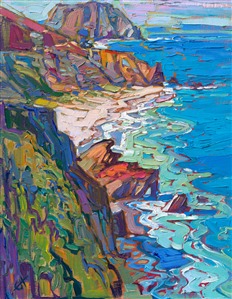 California's Highway 1 stretches all along the Pacific coast, curving through rocky bays, steep cliffs, winding plateaus, and aquamarine waters. This painting captures a particularly beautiful stretch of Pacific coastline between Big Sur and Point Lobos. The expressive brushstrokes capture the vibrant energy of the scene.

"Coastal Highway" is an original oil painting on linen board. The piece arrives framed in a classic, black and gold plein air frame, ready to hang.