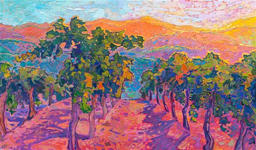 Green, late summer vines crest the top of a hillside in Paso Robles wine country. This painting was inspired by Adelaida Vineyards, located on the highest peaks between Paso and the coastal range. Their vines are some of the oldest in Paso Robles. This painting captures the vivid colors of wine country with expressive, thickly textured brush strokes, in Erin Hanson's iconic, impressionistic style.

"Hilltop Vines" is an original oil painting created on stretched canvas. The piece arrives framed in a contemporary gold floater frame, ready to hang.