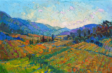Blankets of Napa greens cover the rolling hills of northern California's wine country. This oil painting comes to life in a mosaic of color and texture.