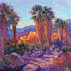 This painting was inspired by an afternoon hike through Thousand Palms Oasis, in the California desert. The lush plantlife growing around McCallum Pond catches the warm afternoon light, and the rocky ground glows with color. The brush strokes in this painting are loose and impressionistic, vibrantly alive with motion.

This painting was created on 1-1/2" canvas, and the painting is continued around the edges of the canvas. The painting has been framed in a custom-made gold floater frame.