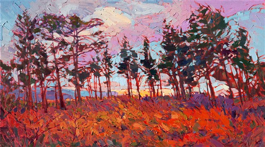 During a 5-day backpack through Zion, we were faced with a solid day of rain while hiking the high plateaus. Finally at sunset, the clouds parted and we saw amazing, color-drenched vistas all around us.  This painting captures the last light seen through the windswept pines on the plateau.

This painting was created on gallery-depth canvas, with the edges painted all around as a continuation of the piece.  You may hang it without framing if desired.