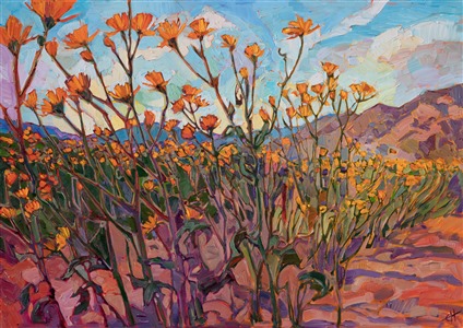 During the super bloom earlier this year, orange and yellow wildflowers spread across the desert floor in Borrego Springs as far as you could see. The rich cadmium blooms stood out bright and colorful against the desert blue sky.  The brush strokes in this painting are loose and impressionistic, capturing the light and movement of the outdoors.

This painting was created on 1-1/2" deep canvas, with the painting continued around the edges.  The painting arrives framed in a carved floater frame designed for the painting.

This painting will be displayed at <a href="https://www.erinhanson.com/event/californiasuperbloomartexhibition">The Super Bloom Show</a>, September 9th, at The Erin Hanson Gallery in San Diego.  If you purchase this painting before the show, your piece will be shipped to you after September 9th.