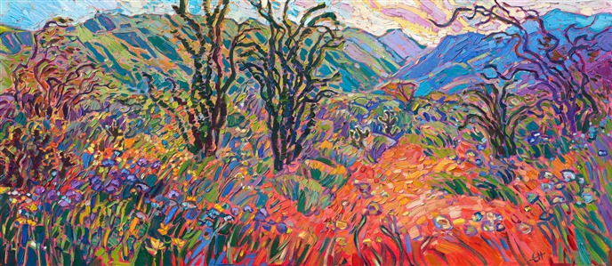 Borrego Springs during a spring superbloom is an amazing rainbow of color! The ground itself turns apple green with eager wildflowers drinking up the rare water downpour. This painting captures the vibrant colors and textures of spring in an otherwise dry and monochromatic desert.
