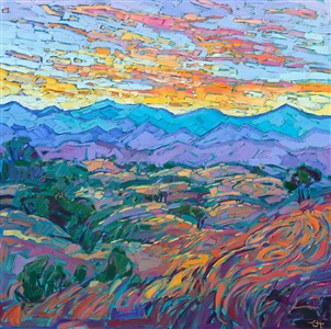 The view from Adelaida Vineyards in Paso Robles stretches all the way to the coastal range. The mountain layers turn brilliant colors of blue and purple as the sun sets over the Pacific Ocean just beyond. Thick brush strokes and luscious color capture this view of central California's wine country.

"Hills of Oak" is an original oil painting painted on 1-1/2" deep canvas. The piece arrives framed in a contemporary gold floater frame, ready to hang.