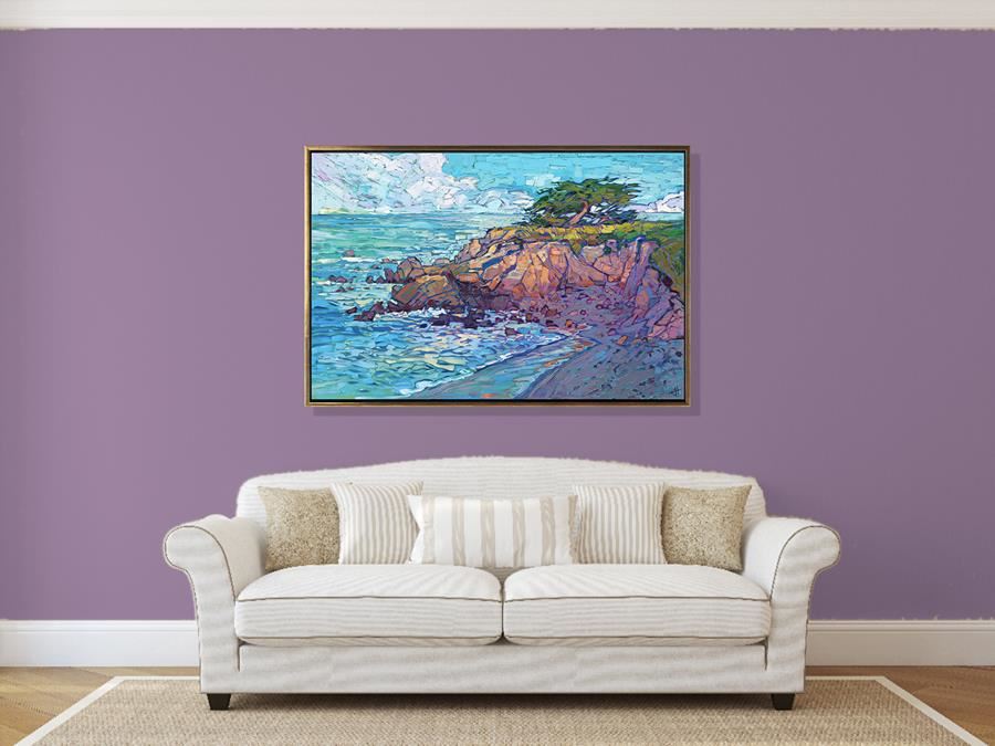 An Erin Hanson painting on a purple wall
