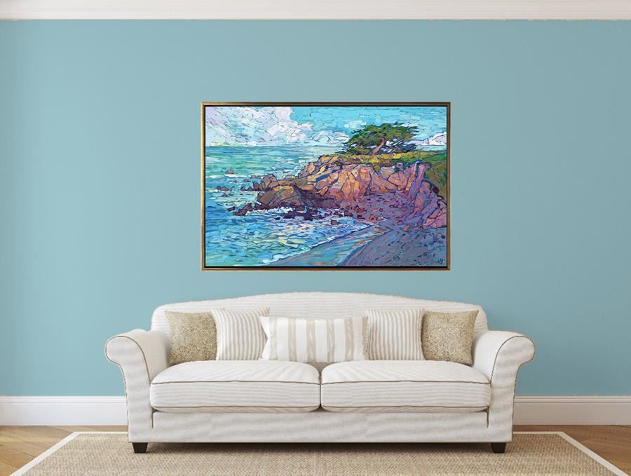 An Erin Hanson coastal painting on a blue wall