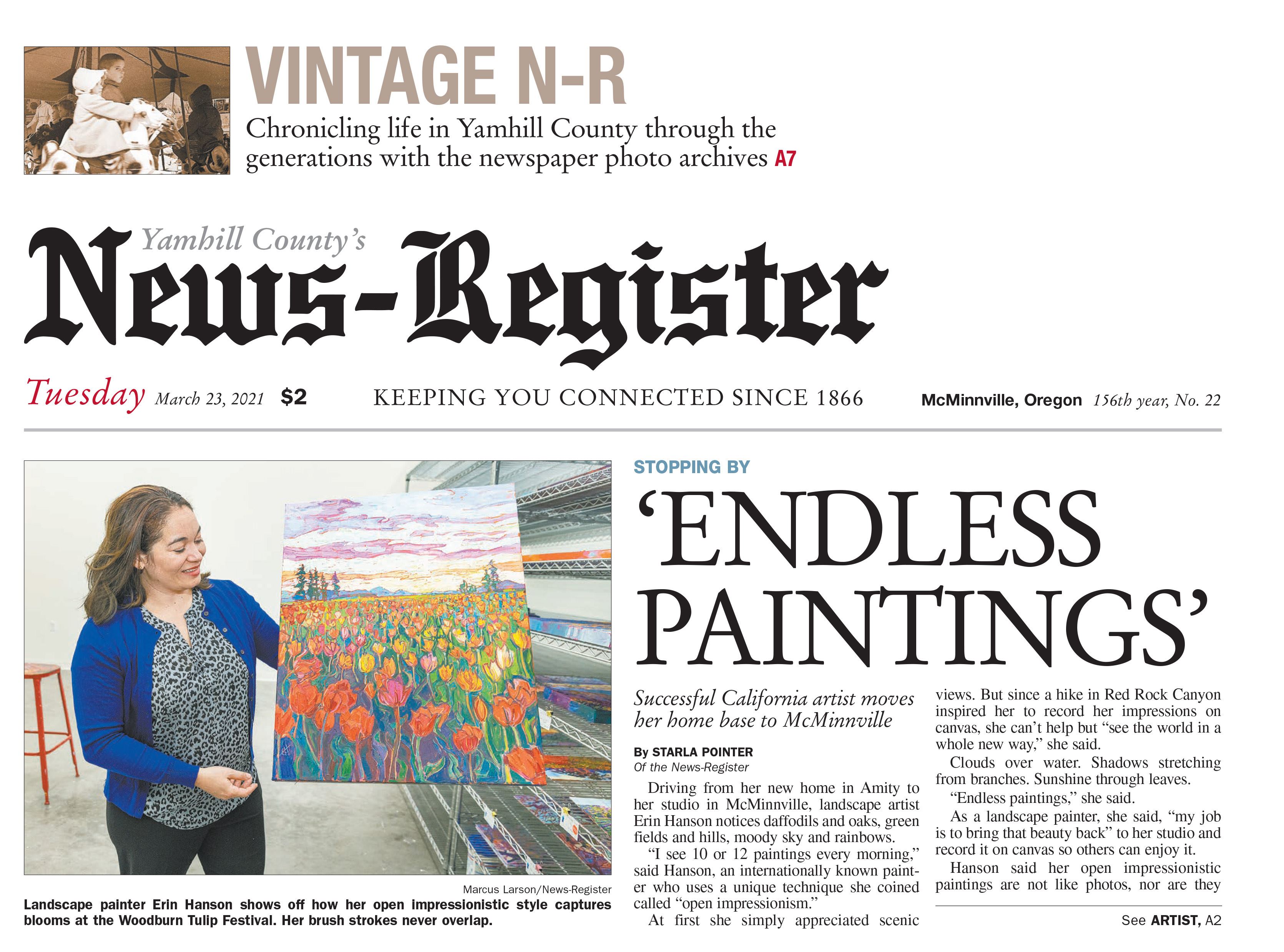 News Register article featuring Erin Hanson title 'Endless Paintings'