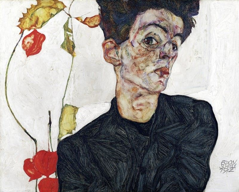 Self-Portrait with a Chinese Lantern Plant  by Egon Schielez