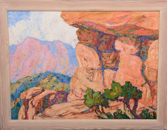 Birger Sandzén (1871-1946), titled "Cedars and Rocks", 36 x 48 in