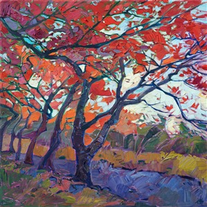 Oil painting of red maple trees near Tenryū-ji Temple, Kyoto, Japan, by contemporary artist Erin Hanson