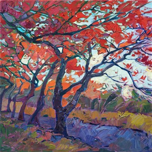 Oil painting of red maple trees near Tenryƫ-ji Temple, Kyoto, Japan, by contemporary artist Erin Hanson Oil painting of red maple trees near Tenryƫ-ji Temple, Kyoto, Japan, by contemporary artist Erin Hanson