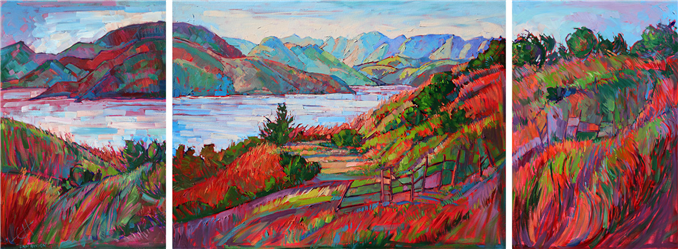 Triptych oil painting on panels, by California painter Erin Hanson