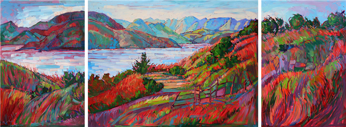 Triptych oil painting on panels, by California painter Erin Hanson Painting Whale Rock Triptych