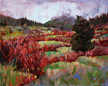 Somber traditional oil painting of Colorado landscape, by modern impressionist Erin Hanson Painting Lines of Grass