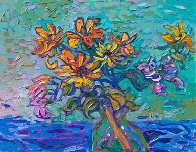 Sunflowers in vase, original impressionism oil painting for sale by American artist Erin Hanson. Painting Sunflower Blooms