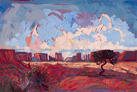 Oil painting of Arizona Monument Valley with red sandstone buttes standing on the horizon against the blue sky by artist Erin Hanson Painting Monument Horizon