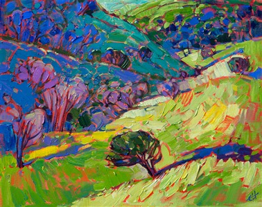 Rich emerald hues comprise this original oil painting by Erin Hanson. Painting Emerald Oak